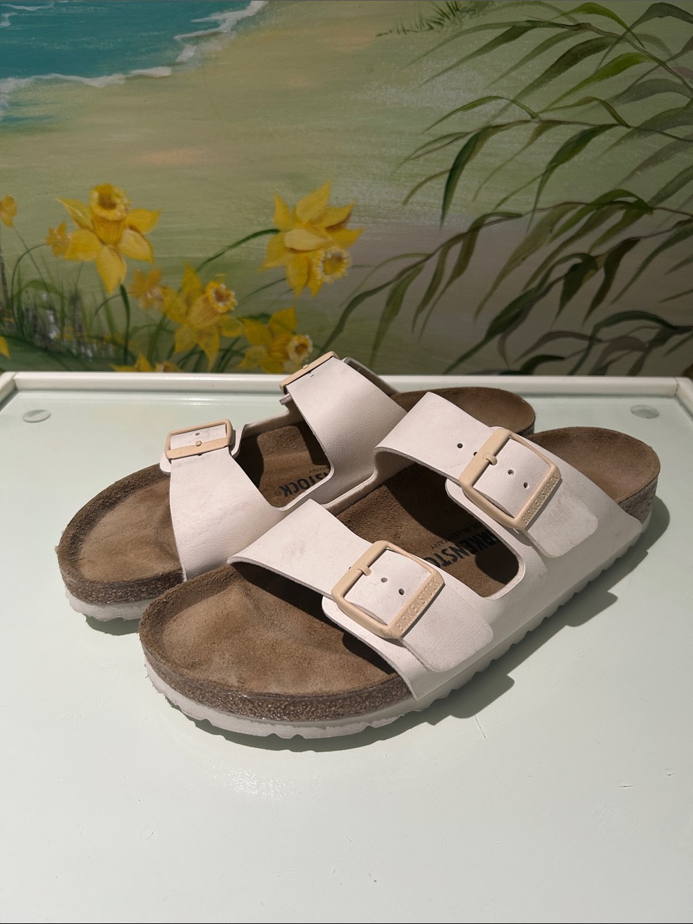 Birkenstock cream/Pale Pink Double Buckle Sandals